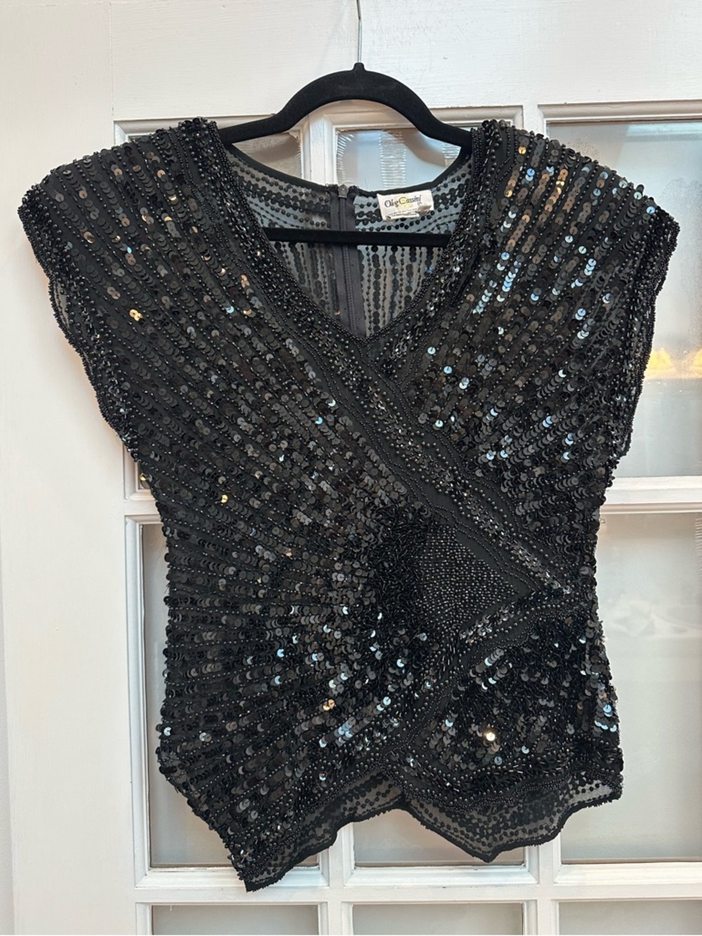 Vintage Oleg Cassini Gothic Silk Glam Rock 1980’s Black Sequin Beaded Top Size 6